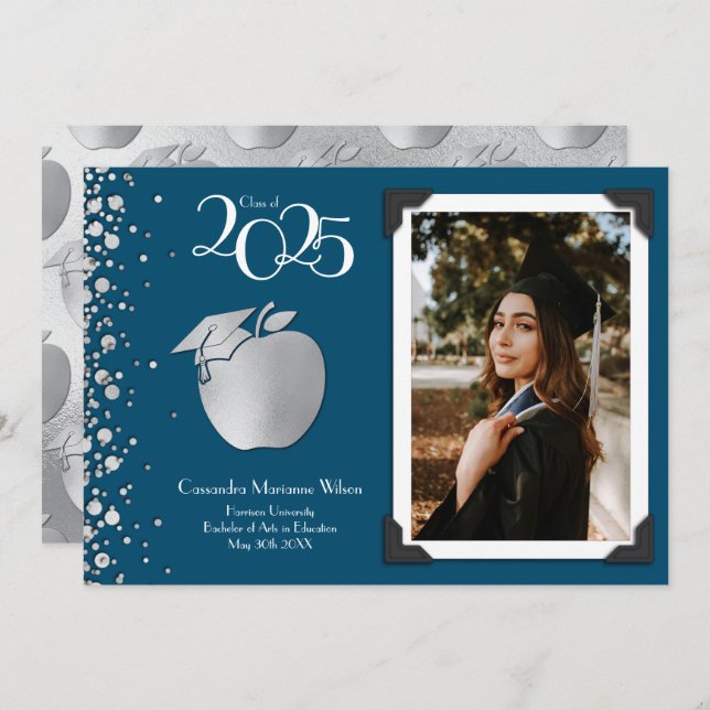 Convite Marinho de Graduação de Prata para Educação de Pro (Frente/Verso)