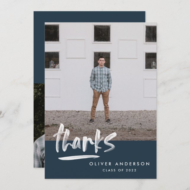 Convite Marinho de graduação script azul 3 obrigado de fot (Frente/Verso)