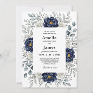 Convite Marinho De Luxo Blue Watercolor Casamento Floral I