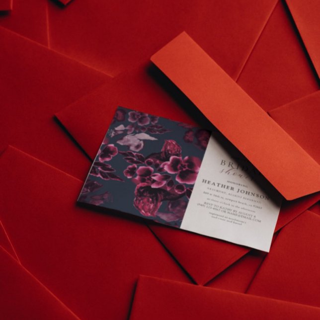 Convite Marinho de luxo Chá de panela azul e borgonha Flor (Criador carregado)