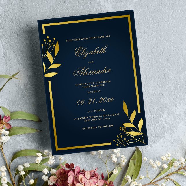 Convite Marinho de luxo folhagem de ouro azul casamento fl (Luxury navy blue gold foliage floral wedding )