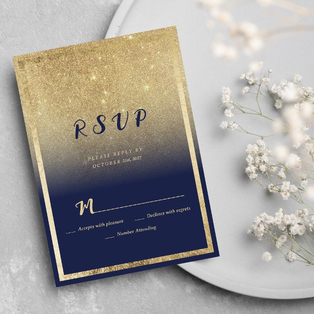 Convite Marinho de luxo - RSVP de brilho ombre azul (Luxury navy blue gold ombre glitter RSVP )