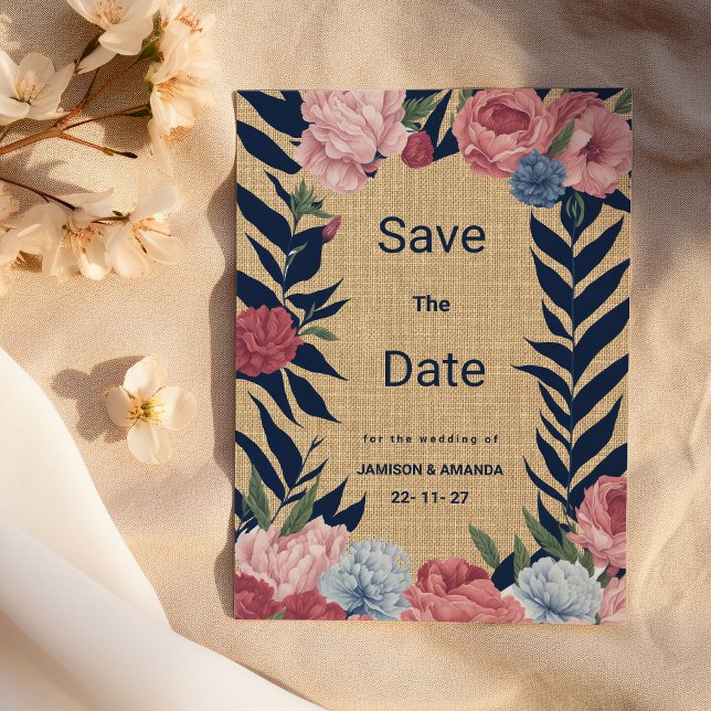 Convite Marinho de marfim azul-rosa Russo floral Salve a d (Rustic ivory navy blue pink floral Save The Date)