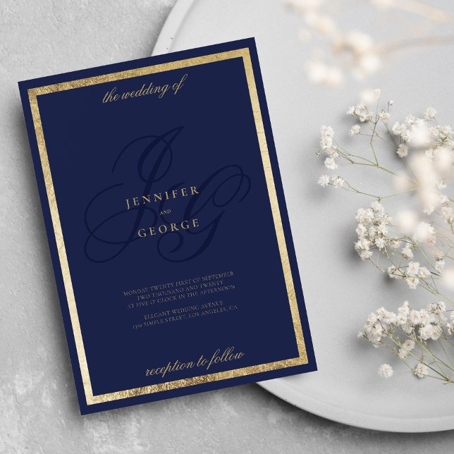 Convite Marinho de ouro elegante monograma azul em casamen (Elegant gold navy blue monogram initals wedding invitation )