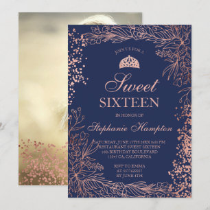 Convite marinho de ouro floral Tiara Chic Sweet 16