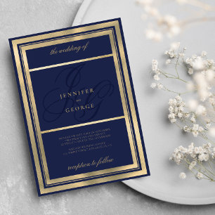 Convite Marinho de ouro, monograma, iniciais, casamento