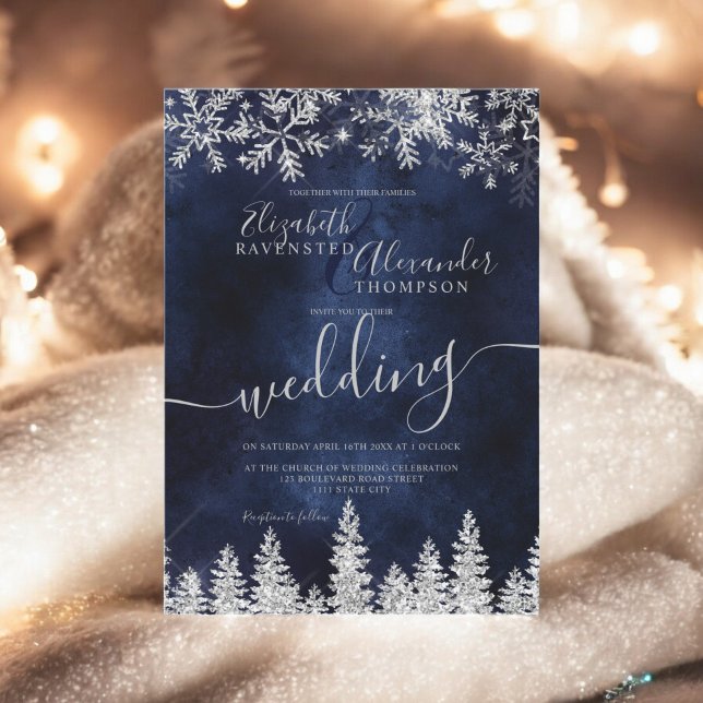 Convite Marinho de pinheiro de prata casamento no inverno  (Silver snow pine navy Christmas winter wedding Invitation)