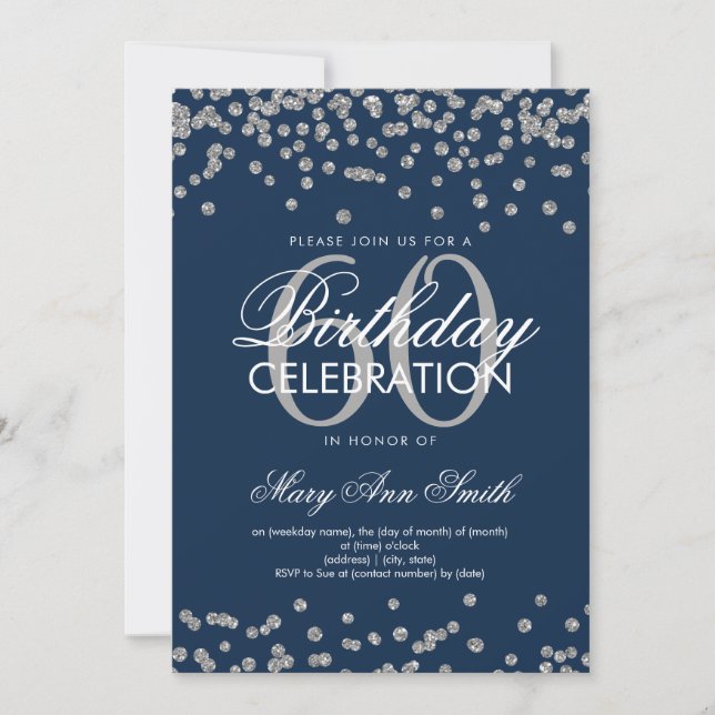 Convite Marinho de prata Blue 60th Birthday Glitter Confet (Frente)