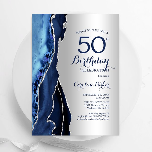 Convite Marinho de prata Blue Agate 50º aniversário (Criador carregado)