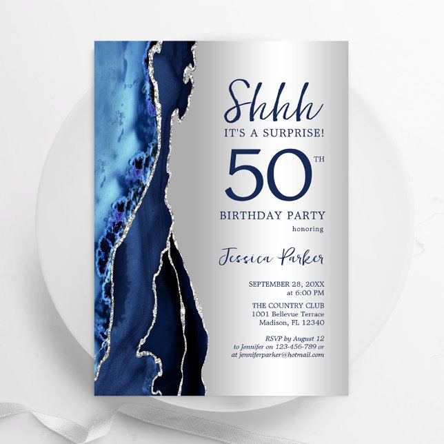 Convite Marinho de prata Blue Agate Surpresa 50º aniversár (Criador carregado)