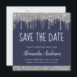 Convite Marinho de prata Blue Glitter Sweet 16 Salve a dat<br><div class="desc">Silver de luxo e Marinho Azul Espelho Derramando Brilhante Doce Dezesseis - Festa de aniversário de 16 Meninas Salvem o Convite para Encontros. Este convite feminino é perfeito para a Festa de aniversário Sparkle Glitter Sweet 16ª,  que procura celebrar na Rosa Rosa Rosa Rosa Rosa Dourada.</div>