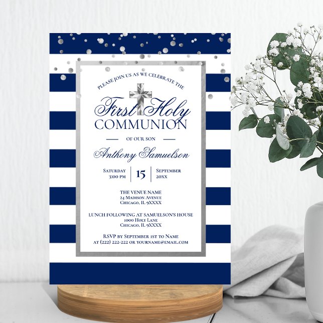 Convite Marinho de prata Blue Strips Primeiro Menino Sagra (Silver Navy Blue Stripes First Holy Communion Boy Invitation)