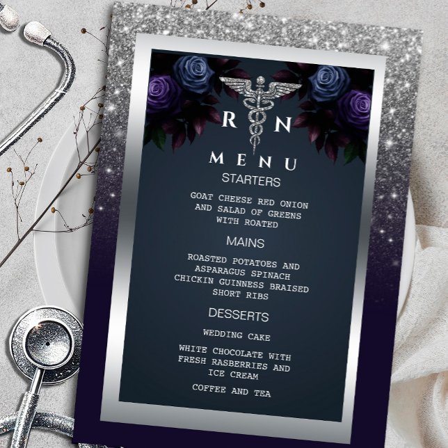 Convite Marinho de prata brilhante Blue FlorMenu Medical ("Join us for an elegant RN celebration with a sophisticated menu, silver glitter accents, and floral)