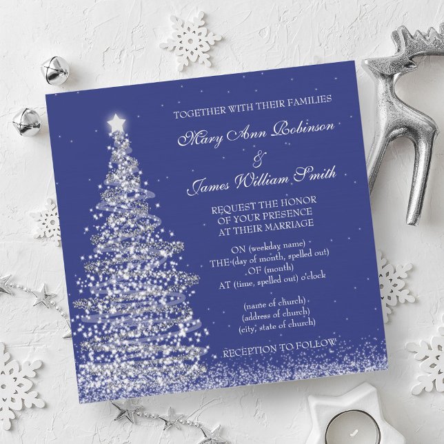 Convite Marinho de Prata de Casamento de Natal Elegante (Elegant Christmas Wedding Silver Navy Invitation)