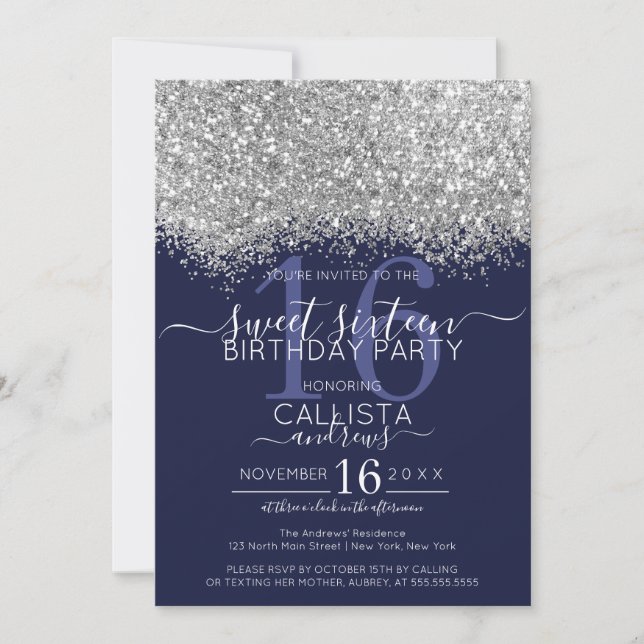 Convite Marinho de prata de luxo Confetti Sweet 16 (Frente)