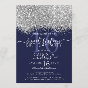 Convite Marinho de prata de luxo Confetti Sweet 16