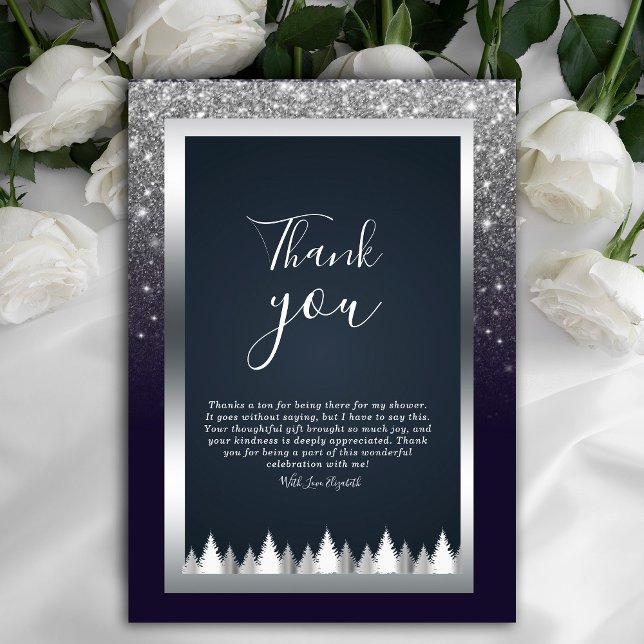 Convite Marinho de Prata Luminosa Escura Azul Obrigado (Dark and dramatic. Our navy blue, silver, and purple floral thank you card add a touch of mystery)