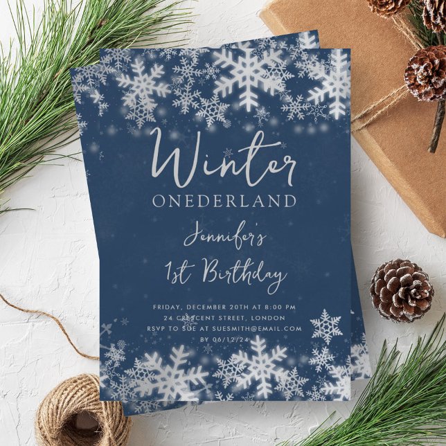 Convite Marinho de Prata Simples primeiro aniversario de i (Simple Silver Navy Winter ONEDERLAND 1st Birthday Invitation)