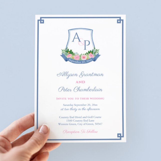Convite Marinho de pré-disquete e Casamento de repouso de  (Hand-painted in watercolor navy blue and bold pink roses monogram wedding crest save the date card)