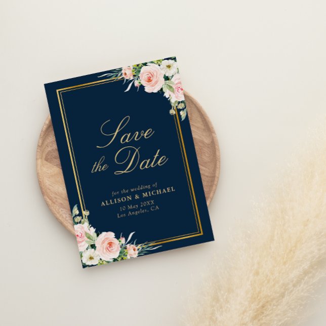 Convite marinho de quadro dourado borrão floral guarde o c (Criador carregado)