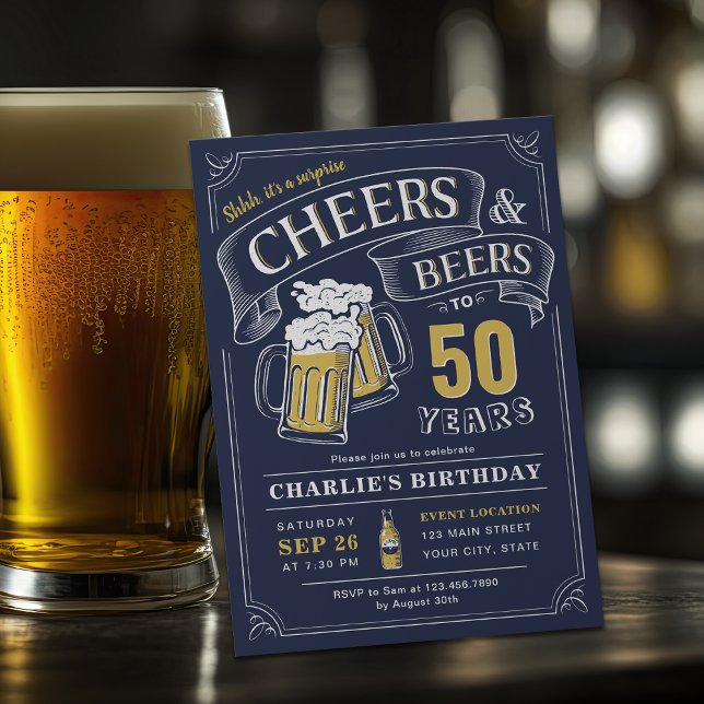 Convite Marinho De Qualquer Velhice E Cerveja Surpreende A (Navy Any Age Cheers And Beers Surprise Birthday Invitation)