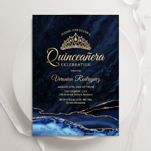 Convite Marinho de Quinceanera Azul Agar Dourado Marble