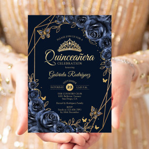 Convite Marinho de Quinceanera Azul Borboleta Floral Doura