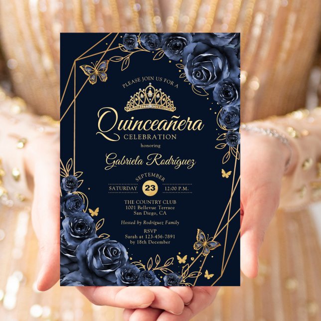 Convite Marinho de Quinceanera Azul Borboleta Floral Doura (Criador carregado)