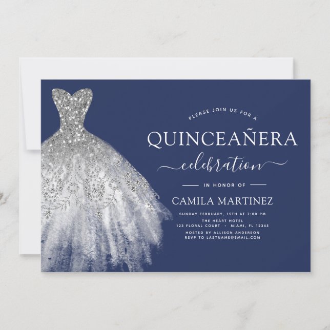 Convite Marinho de Quinceanera Blue Silver Sparkle (Frente)
