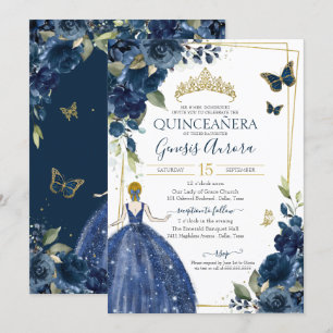 Convite Marinho de Quinceañera Borboletas Florais Azuis e 