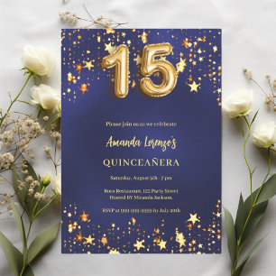Convite Marinho de Quinceanera - estrelas douradas