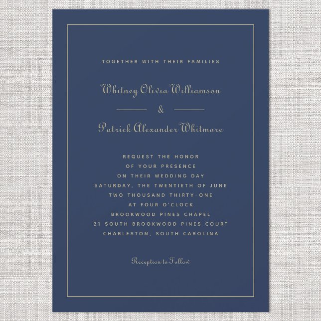 Convite Marinho de Script Elegante Casamentos Formais Azui (Elegant Script Navy Blue Gold Formal Chic Weddings Invitation)