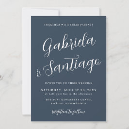 Convite Marinho de Script Simples Casamento Azul e Branco