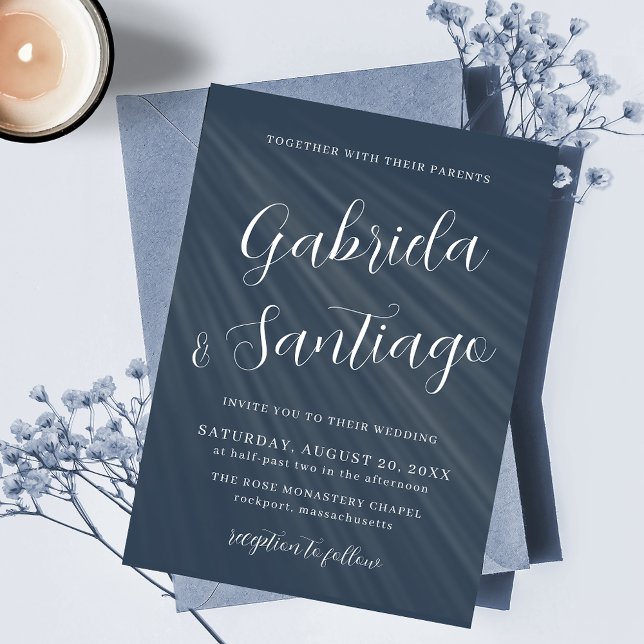 Convite Marinho de Script Simples Casamento Branco Azul (Criador carregado)