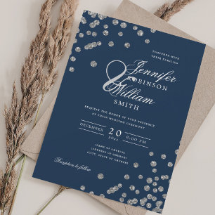 Convite Marinho de Silver Confetti QR de Casamento de Scri