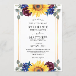 Convite Marinho de Sunflower Burgundy Casamento Dourado Fl