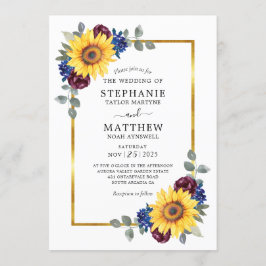 Convite Marinho de Sunflower Burgundy Casamento Dourado Fl