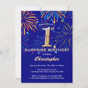 Convite Marinho de Surpresa Azul e Fireworks Dourado