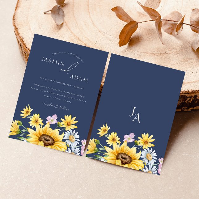 Convite Marinho de Verão Azul Girassóis Monograma Casament (Summer Navy Blue Sunflowers Monogram Wedding Invitation)
