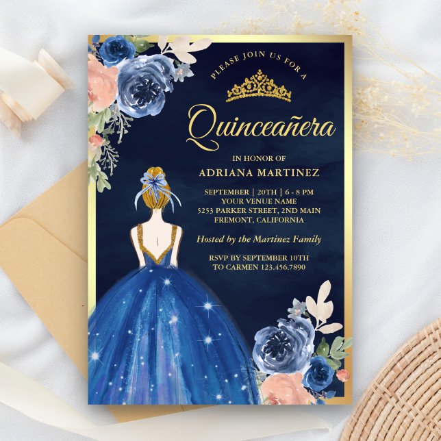 Convite Marinho de Vestido Azul Real Dourado Quinceanera (Criador carregado)