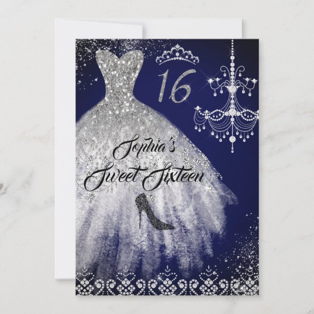 Convite Marinho de Vestido Sparkle Diamond Sweet 16 (Frente)