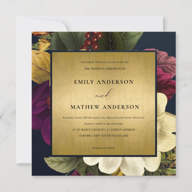 CONVITE MARINHO DE VINTAGEM DOURADA RETRO BURGUNDY CASAMEN (Frente)