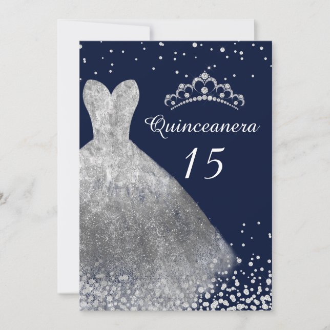 Convite Marinho do 15 Quinceanera do Silver Dress (Frente)