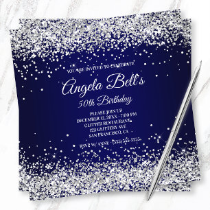 Convite Marinho do Faux Sparkly Silver Glitter Monogramas