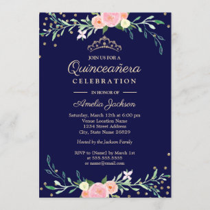Convite Marinho Doce Floral Sparkle Confetti Quinceanera