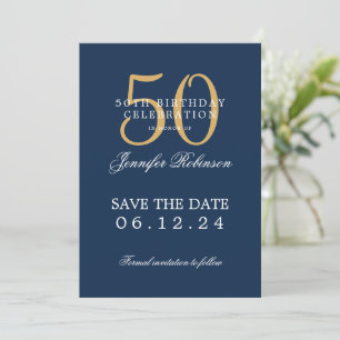 Convite Marinho Dourado Azul 50º Aniversário Salvar a Data