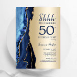 Convite Marinho Dourado Blue Agate Surprise 50th Birthday<br><div class="desc">Marinho azul e ouro agitam a surpresa 50º convite de aniversário. Elegante design moderno com cor azul-real de água agate marble geode fundo, fonte falsa de ouro brilhante e script de tipografia. Trendy convida o cartão perfeito para uma comemoração de dia das mulheres na moda. Impressos convites Zazzle ou modelo...</div>