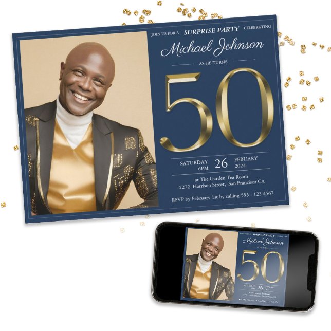 Convite Marinho Dourado Blue Photo 50th Birthday Surprise  (Gold Navy Blue Photo 50th Birthday Surprise Party Invitation)