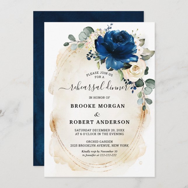 Convite Marinho Dourado Champanhe Branco Janto de ensaio d (Frente/Verso)