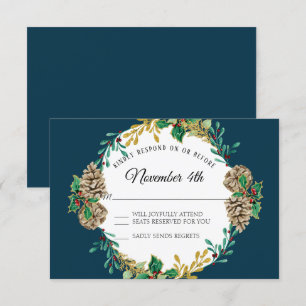 Convite Marinho Dourado de Natal RSVP Vermelho Holly Leaf 